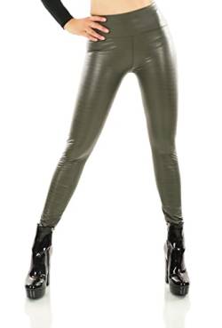 TA Fashion Damen Leggings Leggins Wet Look Leder Kunstleder Optik Thermo Hose Camouflage Reptil Muster (as3, Alpha, m, l, Regular, Regular, Reptil-Grün-862) von TA Fashion