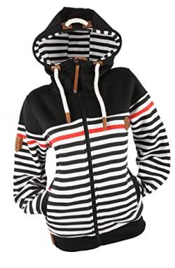 TA Fashion Damen Sweat Jacke Kapuze Fleece gefüttert Übergangsjacke Hoodie gestreiftes oder dünn-gestreiftes meliertes Muster (as3, Alpha, 3X_l, Regular, Regular, Schwarz-797) von TA Fashion