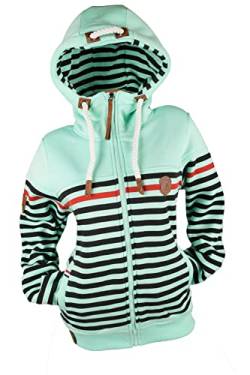 TA Fashion Damen Sweat Jacke Kapuze Fleece gefüttert Übergangsjacke Hoodie gestreiftes oder dünn-gestreiftes meliertes Muster (as3, Alpha, 3X_l, Regular, Regular, Türkis-797) von TA Fashion