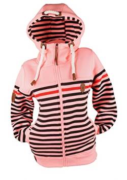 TA Fashion Damen Sweat Jacke Kapuze Fleece gefüttert Übergangsjacke Hoodie gestreiftes oder dünn-gestreiftes meliertes Muster (as3, Alpha, xx_l, Regular, Regular, Rosa-797) von TA Fashion