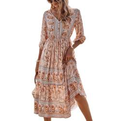 TABANA Damen Sommer Casual Kleid Bohemia Boho Blumenmuster Sexy V Ausschnitt Kleider 3/4 Ärmel Tunika Strand Party Kleid Frühling, beige, Mittel von TABANA