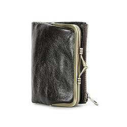 TABKER Geldbörse Genuine Leather Wallet Women Small Metal Frame Purse Ladies Hasp and Zipper Coin Pocket Credit Card Holder (Color : Black) von TABKER