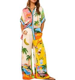 TACSTRUN Damen-Lounge-Set, Pyjama-Set, kurzärmeliges Hawaii-Hemd und Hose mit weitem Bein, Zweiteilige Outfits, lässige, lockere Loungewear,Multi Colored,M von TACSTRUN