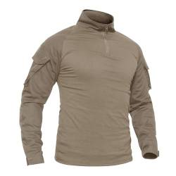 TACVASEN Combat Shirt Herren 1/2 Zip Military Tactical Army Langarmhemd Airsoft Top Outdoor Slim Fit T-Shirt mit Taschen (L, Khaki) von TACVASEN