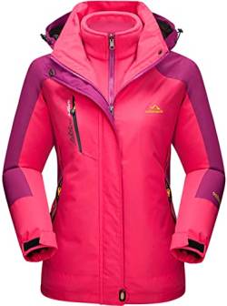 TACVASEN Damen 3-in-1 Jacke Wasserdicht Fleece Gefüttert Kapuzenmantel für Winter Outdoor Ski Sports, Rose Rot, L von TACVASEN