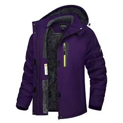 TACVASEN Damen Fleecejacke Kapuze Winter Outdoor Jacke Wasserabweisend Softshelljacken Multi Taschen (M, Dunkelviolett) von TACVASEN