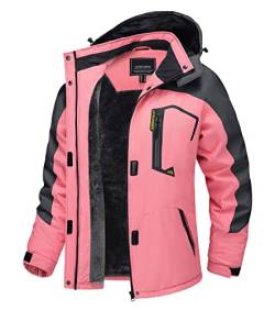 TACVASEN Damen Funktionsjacke Wandern Winterjacke Winddicht Wasserdicht Regenjacke Warm Fleece Snowboardjacke Wetterjacke, Rosa-grau, XL von TACVASEN