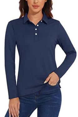 TACVASEN Damen Langarm Golf Polo Shirt UPF50+ Sonnenschutz Shirt Atmungsaktiv Leicht Tennis Top mit 4 Knöpfen (M, Marineblau) von TACVASEN