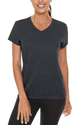TACVASEN Damen T-Shirt Atmungsaktiv Freizeitshirts V-Neck Rashguards Slim Fit Kurzärmeliges Angeln Wandern, Schwarz, XL von TACVASEN