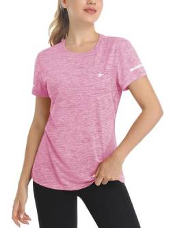 TACVASEN Damen T-Shirt Atmungsaktiv O-Neck Schnell Trocknend Stretch Kurzärmelige Angeln Wandern Fahrrad mit Rundem Ausschnitt (L, Rosa) von TACVASEN