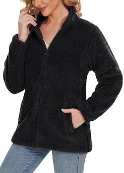 TACVASEN Damen Teddy Fleece Sweatjacke Übergangsjacke Herbstjacke Casual Freizeitjacke Warme Pullover （S, Schwarz) von TACVASEN