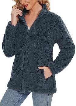 TACVASEN Damen Warme Sweatshirt mit Full Zip Fleecejacke Plüschjacke Übergangsjacke Teddy Jacke Winter, Dunkelgrau, XL von TACVASEN