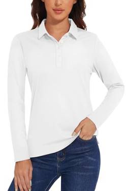 TACVASEN Fitnessshirt Damen Langarm Atmungsaktiv Poloshirt UV Schutzkleidung T-Shirt UPF 50+ Sportshirt mit Knopfleiste (S, Weiß) von TACVASEN