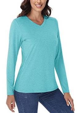 TACVASEN Funktionsshirt Damen Langarm UV T-Shirt Yoga Schnelltrocknend Sportshirt V-Ausschnitt Leichte Shirt, Hellgrün, S von TACVASEN