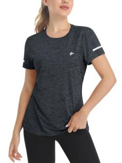 TACVASEN Funktionsshirt Damen Rundhals T-Shirts Sommer Leichte Sportshirts Laufshirts mit Reflektierender Streifen, Schwarz, XL von TACVASEN