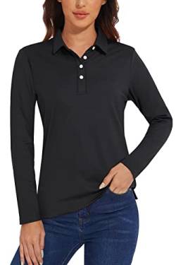 TACVASEN Golf Poloshirt Damen Sport Langarm UPF 50+ Atmungsaktiv Funktionsshirt Athletic Polo Langer Ärmel Laufshirt (L, Schwarz) von TACVASEN