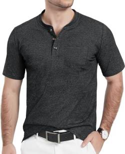 TACVASEN Henley T-Shirt Herren Classic Kurzarmshirt Atmungsaktiv Freizeitshirt Leicht Baumwolle Tshirt mit Brusttasche, Schwarz, 3XL von TACVASEN
