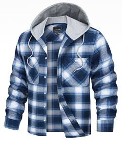 TACVASEN Herren Checked Hemd Jacke Langarm Holzfällerhemd Flanelljacke Plaid Shirts Karohemd mit Kapuze (Blau Weiß, M) von TACVASEN