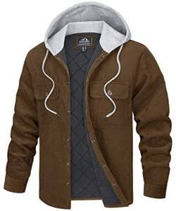 TACVASEN Herren Cordjacke Übergangsjacke Winter Wattiert Jacke Hoodie Outdoorjacke Lässige Jeansjacke mit Kapuze, Braun, L von TACVASEN