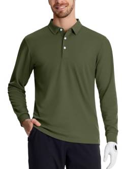 TACVASEN Herren Golf Shirt Longsleeve Sommershirts Schnelltrocknend Funktionsshirts Casual Polohemd Atmungsaktiv, Armeegrün, L von TACVASEN