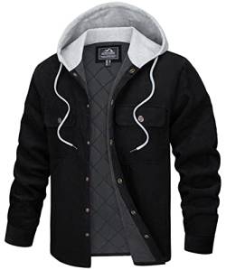 TACVASEN Herren Herbstjacke Cord Jacke Herrenjacken Gesteppte Hemdjacke Männer Casual Jacket mit Kapuze, Schwarz, L von TACVASEN