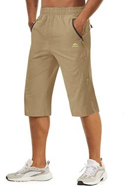 TACVASEN Herren Kurze Cargohose 3/4 Schnelltrocknende Shorts Wanderhose mit Reißverschlusstasche, Khaki, 32 von TACVASEN