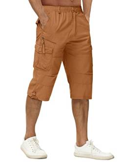 TACVASEN Herren Kurze Cargohose Baumwolle 3/4 Cargo Bermuda Shorts Outdoor Lässige Shorts Freizeitshorts mit Taschen, Erdgelb, 34 EU von TACVASEN