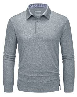 TACVASEN Herren Polo Langarm Poloshirts Atmungsaktiv Freizeitshirts Tshirts Schnelltrocknend Polohemd Männer Outdoorshirt, Silber, L von TACVASEN