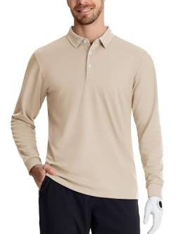 TACVASEN Herren Poloshirt Langarm Schnelltrocknend Langarmshirt Funktionsshirts Casual Polo Golf Shirt Oberteil, Khaki, L von TACVASEN