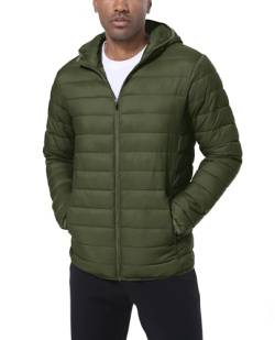 TACVASEN Herren Pufferjacke Leichte Wasserdichte Kapuzenjacke Innentaschen Freizeitjacke Warme Full Zip Hoodie mit Kapuze (L, Armeegrün) von TACVASEN