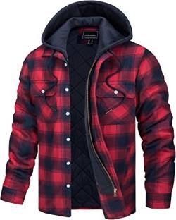 TACVASEN Herren Warm Baumwollhemd Long Sleeve Hoodie Dicken Hemd Wattiert Trachtenhemd Holzfällerjacke, Rot, L von TACVASEN