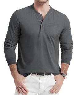 TACVASEN Langarm Henley Shirt Herren T-Shirts Männer Baumwolle Freizeitshirt Herbst Atmungsaktiv Oberteile mit Knopfleiste (3XL, Dunkelgrau) von TACVASEN