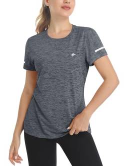 TACVASEN Melange Sportshirt Damen Kurzarm Tee Wandershirt Rundhals Meliert Leicht Oberteil für Laufen Joggen Training Tops (L, Dunkelgrau) von TACVASEN