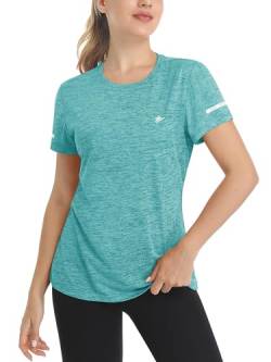 TACVASEN Sportshirt Damen Kurzarm Tshirt Outdoor Freizeitshirt Stretch Atmungsaktiv Funktions Meliert Shirt Wandern Gym Yoga (L, Hellgrün) von TACVASEN