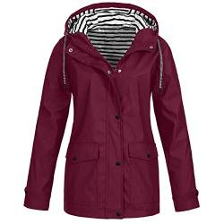 TAELU Damen Regenjacke, Kapuzenjacke Damen Regenjacke Damen Atmungsaktiv Reißverschluss Auskleidung Kapuze Jacken mit Taschen Einfarbig Gefütterte Regenjacke Regenmantel Damen (Rot,M) von TAELU