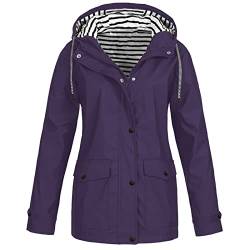 TAELU Wasserdichter Regenmantel Damen, Regenjacke Sport Regenjacke Damen Atmungsaktiv Reißverschluss Auskleidung Kapuze Jacken Einfarbig Gefütterte Regenjacke Regenjacken für Damen (Violett,5XL) von TAELU