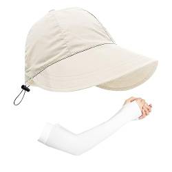 1 beige Damen-Sonnenblende-Hut mit 1 Paar Sonnenschutz-Handärmeln, Sonnenschutzstrandhut, Outdoor-Hüte mit breiter Krempe, kann für Camping, Reisen, Angeln, Einkaufen verwendet Werden von TAFACE