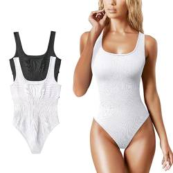 TAGVO 2 Stück Shapewear Damen Body Figurenformend Damen Bodysuit Bauchweg Sculpting Shapewear Tanga Damen Tshirt Overall Bodysuit Schwarz Weiss L von TAGVO