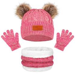 TAGVO 3pcs Wintermütze Schal Handschuhe Set für Kinder, mit Verdicken Fleece Gefütterte Thermo, Strickmütze Beanie Schlauchschal Winterhandschuhe Set für 1-5 Jahre Kinder Kleinkinder Jungen Mädchen von TAGVO