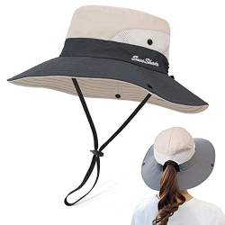 TAGVO Damen Faltbarer Sonnenhut, Sonnenschutzhut Sommerhut UPF 50 + mit Nackenschnur Breite Krempe UV-Schutz Angeln Hut Mesh, Pferdeschwanz Bucket Cap für Damen Herren Strand Wandern von TAGVO