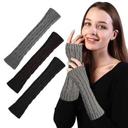 TAGVO Damen Fingerlose Handschuhe 3 Paar, Winter Halb Fingerhandschuhe Winterhandschuhe, Damen Pulswärmer, Gestrickte kurze halbfingerlose Fäustlinge von TAGVO