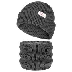 TAGVO Strick Beanie Hut Loop Schal Set, Unisex Warme Gestrickte Dicker Wintermütze Halswärmer Set mit Fleecefutter für Outdoor Sport Joggen Skifahren Grau von TAGVO