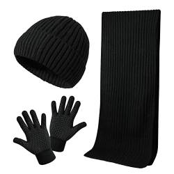 TAGVO Strickmütze Mütze Schal Handschuh Set, Ultraweiche Elastische WinterBeanie für Herren, Touchscreen Handschuhe Herren Damen, Warme Langer Schal Set mit Fleecefutter für Alltagskleidung Ski von TAGVO