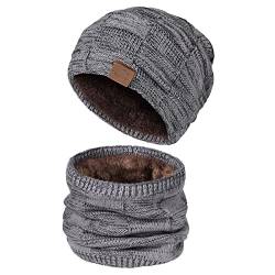 TAGVO Warme Wintermütze Schal Set Doppelschichtiger Herren Damen Winterset Strick Beanie Wolle Loop Schal mit Dicke Fleecefutter, Unisex Mütze Schal Set Grau von TAGVO