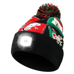 TAGVO Weihnachten Mütze mit Licht, Wiederaufladbare USB Laufmütze Beanie Beleuchtete Mütze mit Licht, Superhelle 8 LED Stirnlampe Winterwarm Strickmütze, Weihnachten Geschenk für Männer Frauen Papa von TAGVO