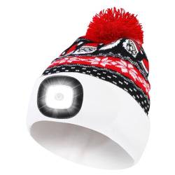 TAGVO Weihnachten Mütze mit Licht, Wiederaufladbare USB Laufmütze Beanie Beleuchtete Mütze mit Licht, Superhelle 8 LED Stirnlampe Winterwarm Strickmütze, Weihnachten Geschenk für Männer Frauen Papa von TAGVO