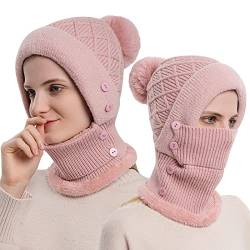 TAGVO Winter Warm Strickmütze Halswärmer Sets Damen, Weiches Dickes Fleece Gefüttert, Flexible Verstellbare Gesichtsmaske Wintermütze mit Haarball, Balaclava Sturmhaube Frauen Outdoor, Wintergeschenk von TAGVO