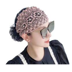 Damen Kopfbedeckung mit floralem Spitzenmuster, weiche Spitze, muslimische Frauen, Kopftuch, Hüte, Ornament, Perlen-besetzt, florales Spitzen-Stirnband, Rosa von TAHUAON