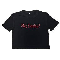 TAIKMD Damen T-Shirts Tops Sommer Kurzarm U-Ausschnitt Crop Top Yes Daddy Printed Causal T Shirt Rundhals Elastische Tees, schwarz, Mittel von TAIKMD