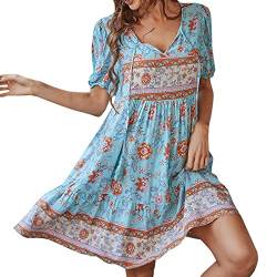 TAIMOWEI Sommerkleid Damen Tunika Kleid 3/4 Ärmel V Ausschnitt Schnürung Fransen Blumendruck Boho Damenkleid Blumenkleid Abendkleid Rüschen Strandkleid Cocktailkleid Mini Kleider von TAIMOWEI